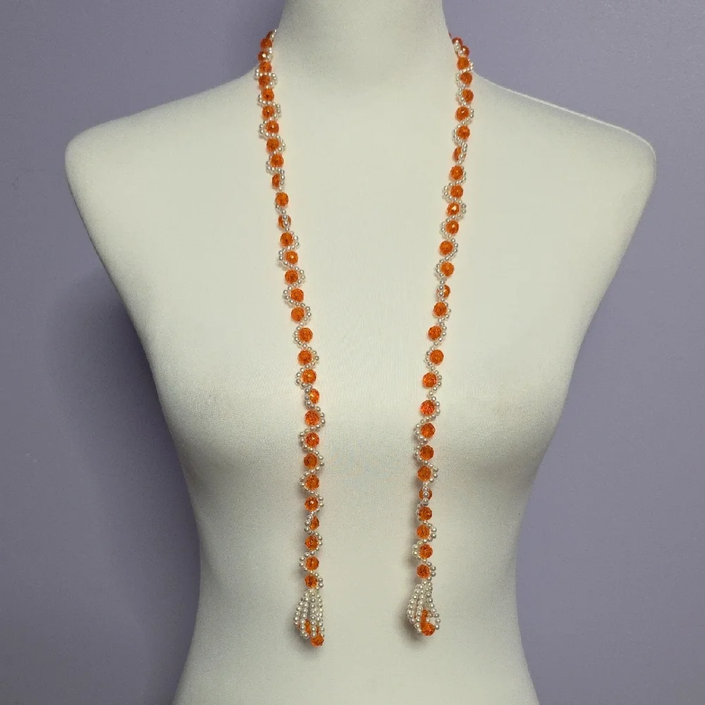 Elegant Handmade Orange and White Beaded Necklace 38